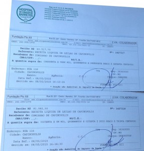 A fundação emitiu dois recibos da doação, totalizando R$ 145.100,00