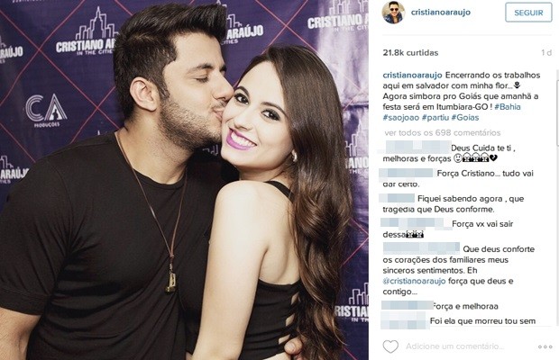 Cristiano Araújo postou foto com a namorada antes se seguir para Itumbiara (Foto: Reprodução/Instagram)