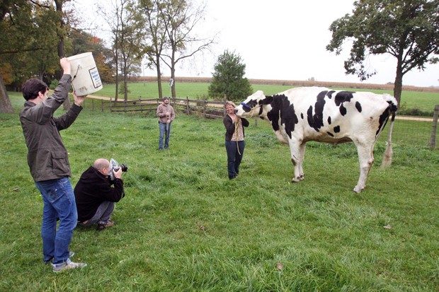 Patty Hanson, dona da vaca Blosom, sorri durante sessão de fotos nesta segunda-feira (13) em Londres. (Foto: AP/The Journal-Standard, Jane Lethlean)