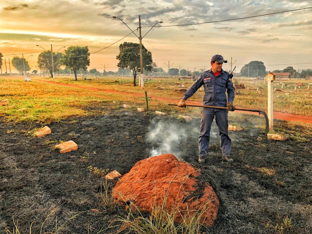 Bombeiro apaga fogo no cemitério 'Parque da Saudade' (Foto: Bombeiros/Divulgação)