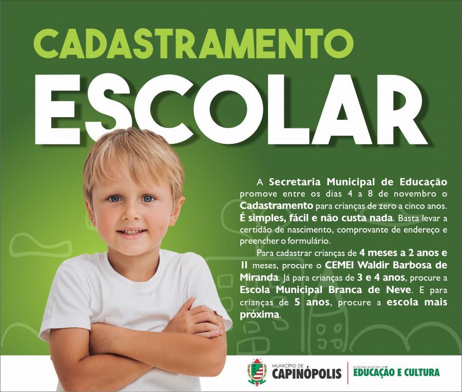 Cadastramento escolar em Capinópolis será de 4 a 8 de novembro