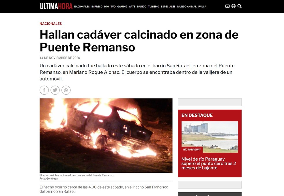 Notícia do portal paraguaio Ultima Hora sobre o corpo encontrado carbonizado em carro — Foto: Reprodução/Ultima Hora