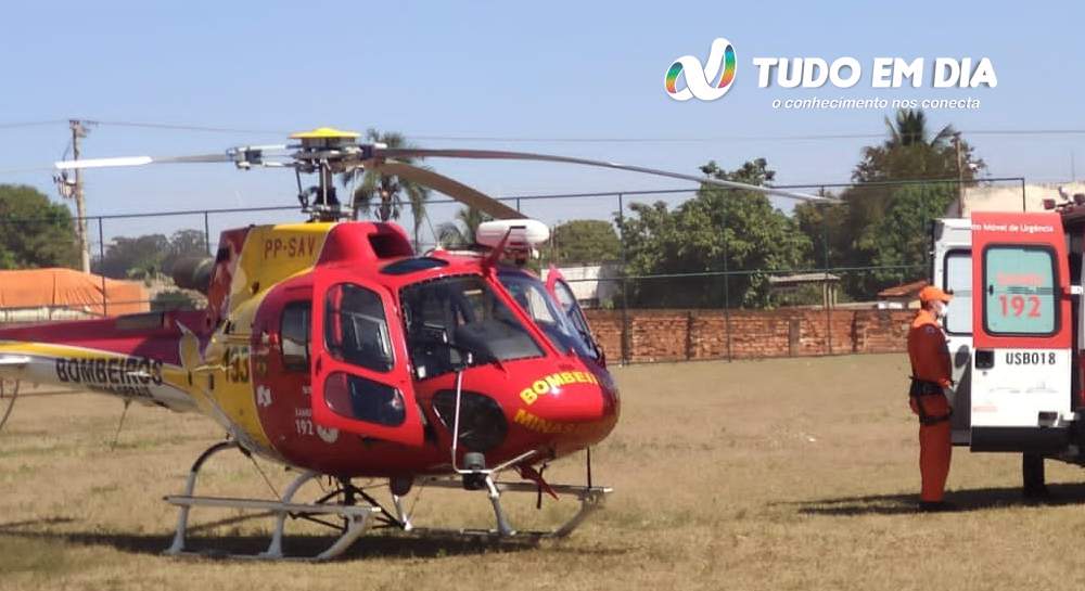 Aeronave dos Bombeiros/Samu transportou o paciente com sintomas de infarto de Capinópolis à Uberlândia | Foto: Luciano Bonifácio