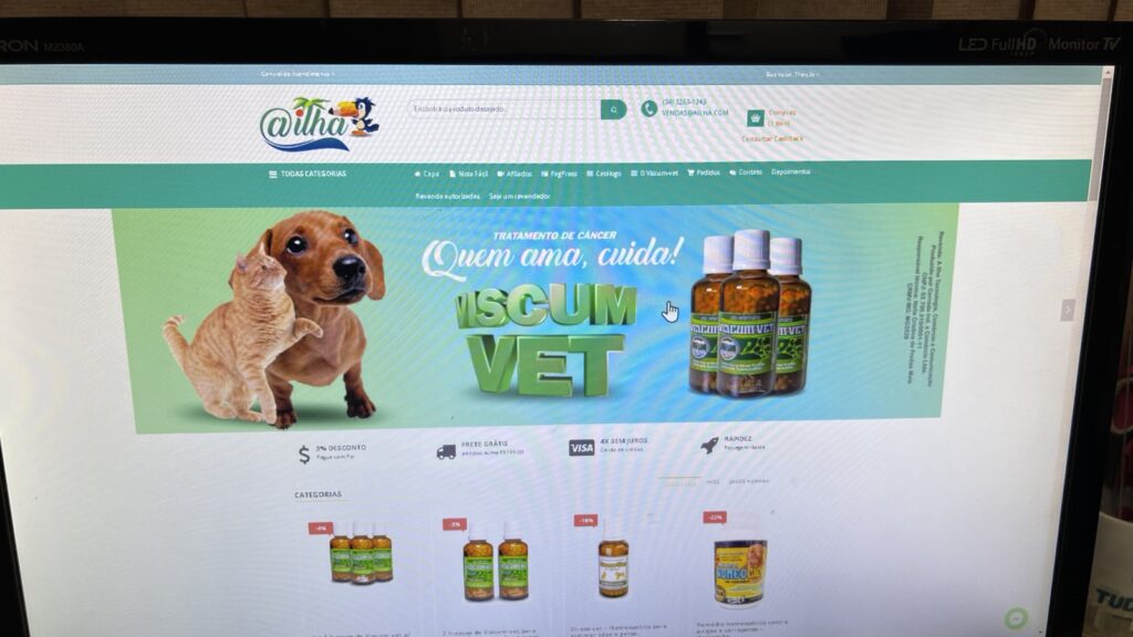 Captura do site da loja A Ilha.com, que comercializa medicamentos homeopáticos com foco nos pets | Foto: Tudo Em Dia