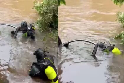 Bombeiros mergulham no poluído Rio Uberabinha em busca de vítima de acidente em Uberlândia
