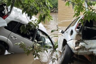 Carro caído às margens do Rio Uberabinha em Uberlândia — Foto: Bombeiros