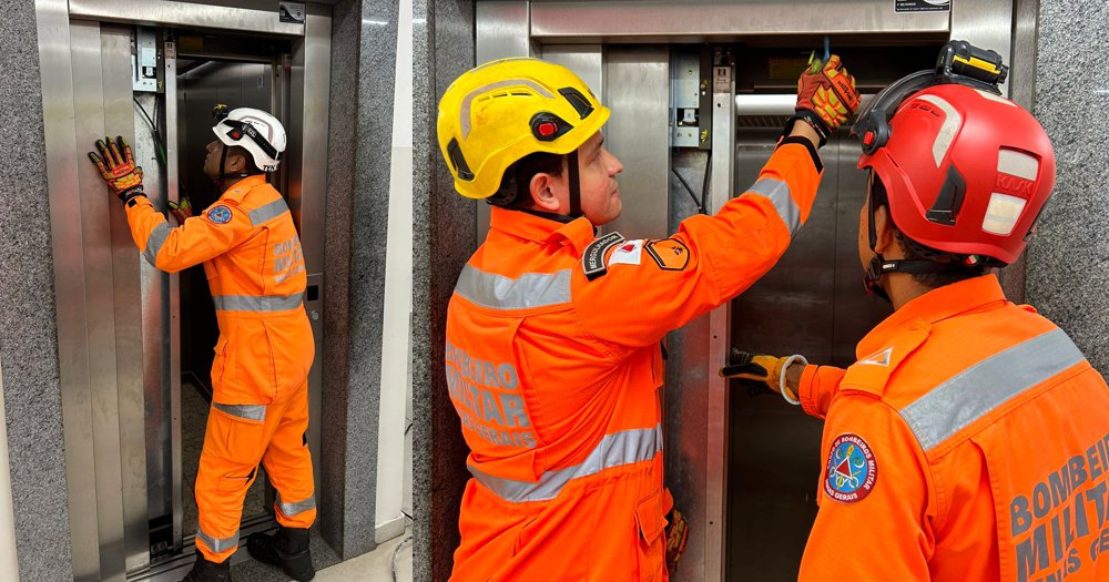 Bombeiros resgataram os 4 colaboradores que ficaram presos dentro do elevador