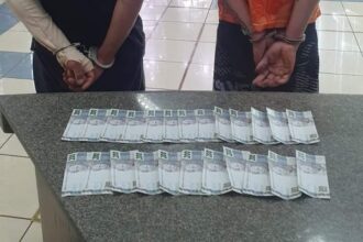 A Polícia prendeu os dois suspeitos, que confirmaram ter repassado notas falsas no comércio de cidades vizinhas | Foto: PMMG/Divulgação